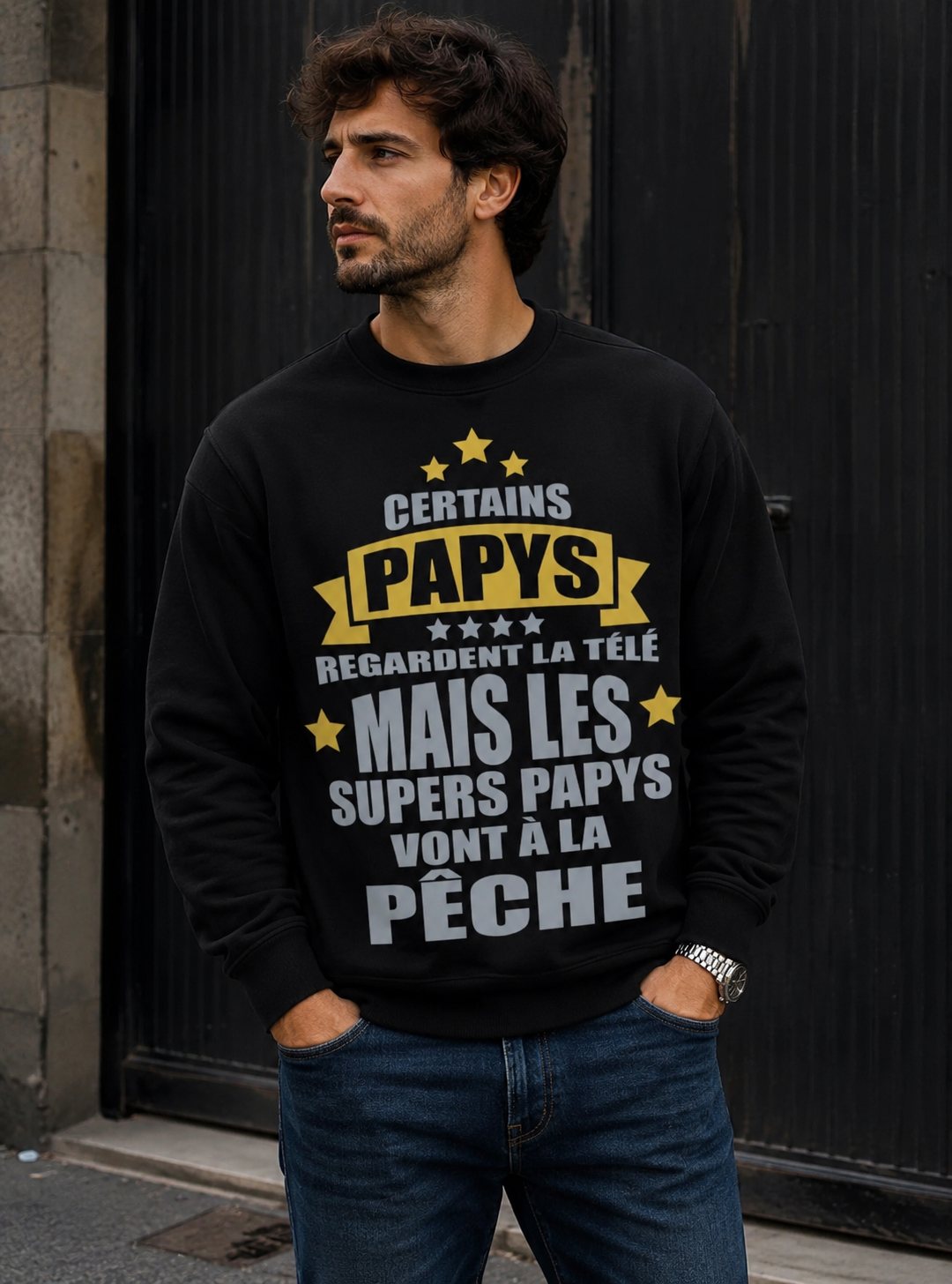 Sweat humouristique noir - Certains papys regardent la télé mais les supers papys vont à la pêche