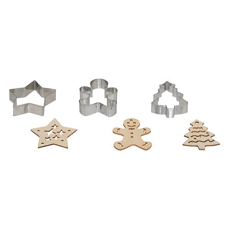 Lot de 3 emporte pièces et 3 embosseurs Noël L. 7,7 x P. 6 x H. 2 cm inox et bois