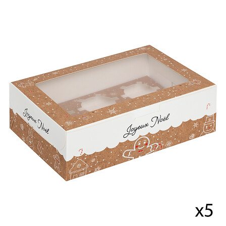 Lot de 6 boîtes pour cupcakes de Noël L. 24 x P. 15,5 x H. 7,5 cm carton