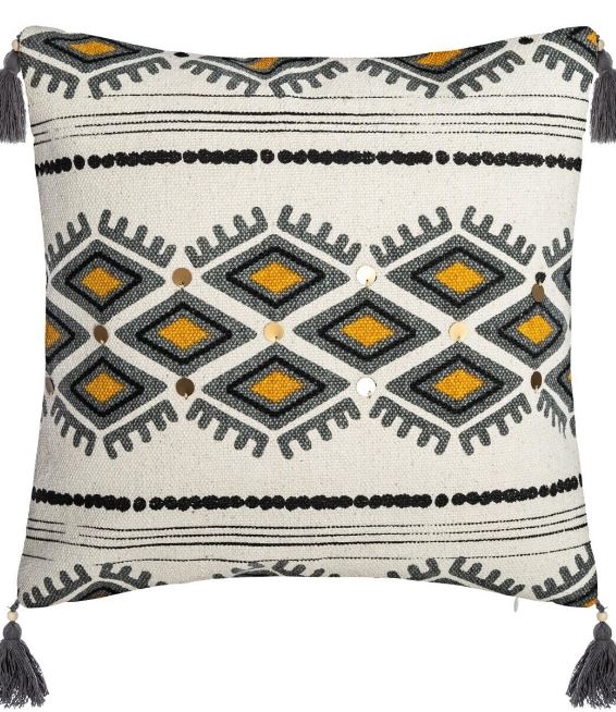 Housse de coussin motifs aztèque pampilles, coton, 40x40 cm