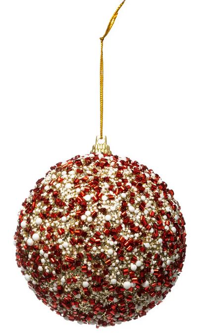 Boule de Noël rouge/or perles 8cm