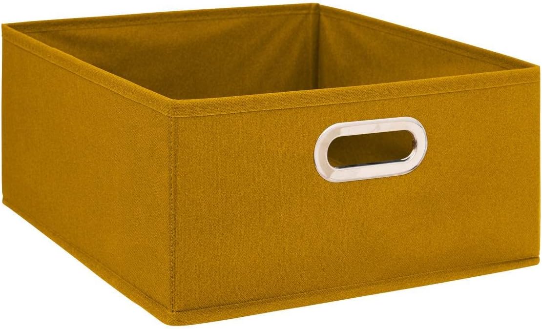 Boîte de rangement couleur jaune moutarde moderne de dimensions 31 cm de longueur, 31 cm de largeur et 15 cm de hauteur, idéale pour organiser et décorer votre intérieur.