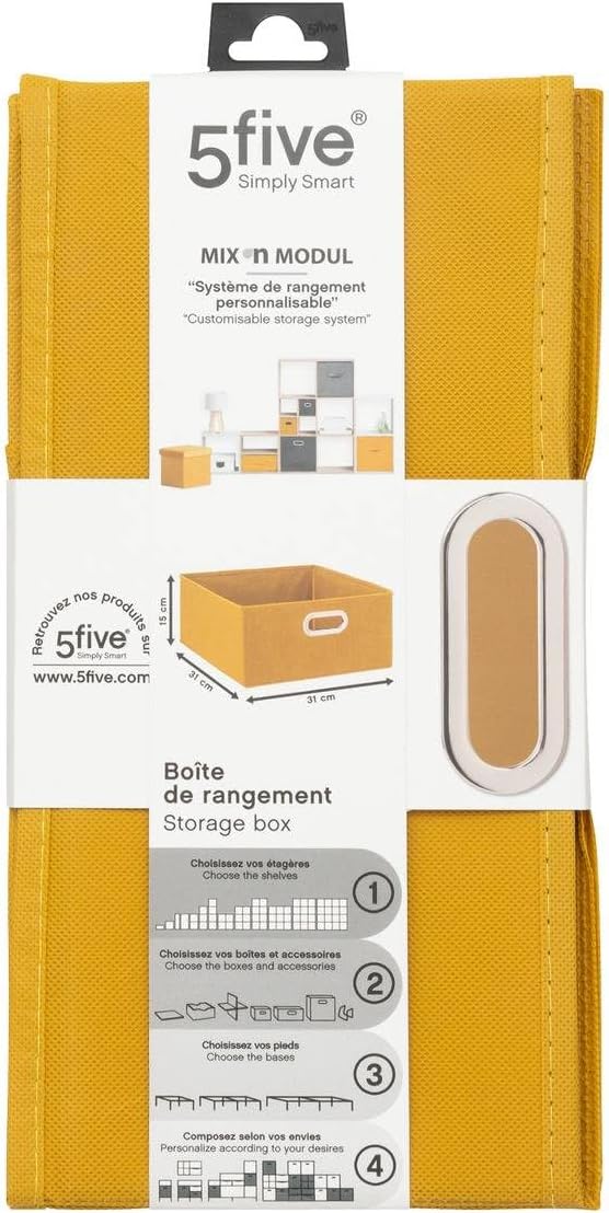 Boîte de rangement couleur jaune moutarde moderne de dimensions 31 cm de longueur, 31 cm de largeur et 15 cm de hauteur, idéale pour organiser et décorer votre intérieur.1