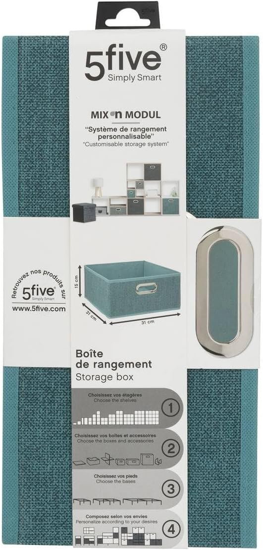 Boîte de rangement bleu pétrole chiné de taille 31 x 31 x 15 cm, design moderne et tissu texturé, idéale pour le rangement et la décoration.1