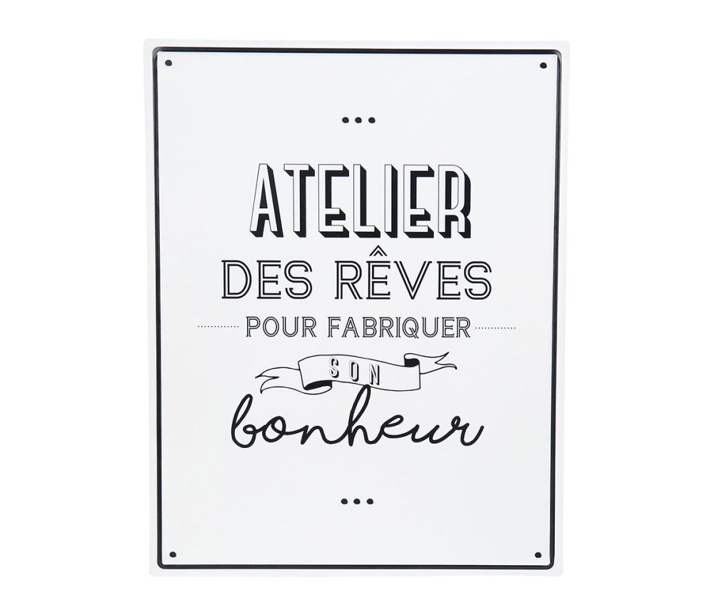 Plaque métal Atelier des rêves blanche et noire