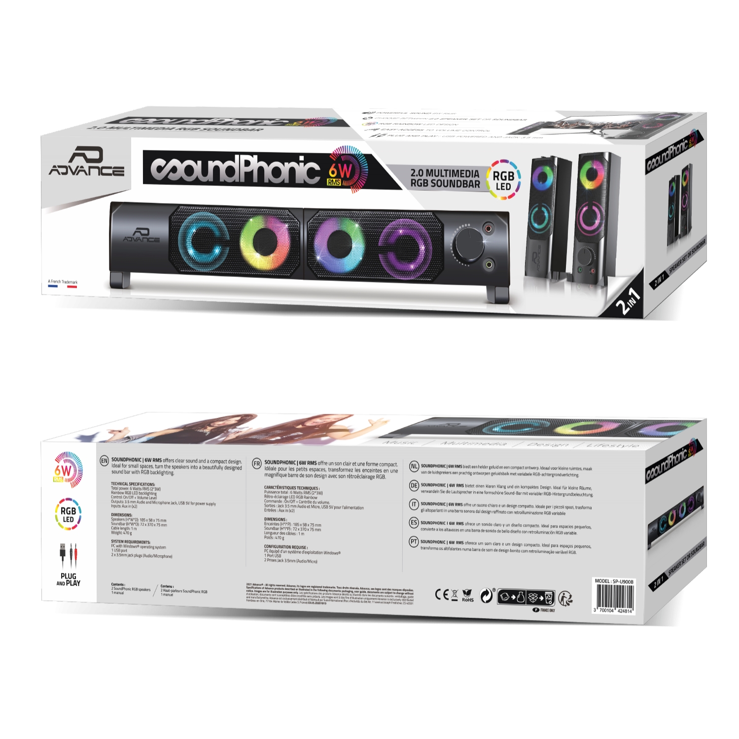 ENCEINTE 2 EN 1 SoundPhonic 2.0 RGB - 6W RMS - Mega Pc