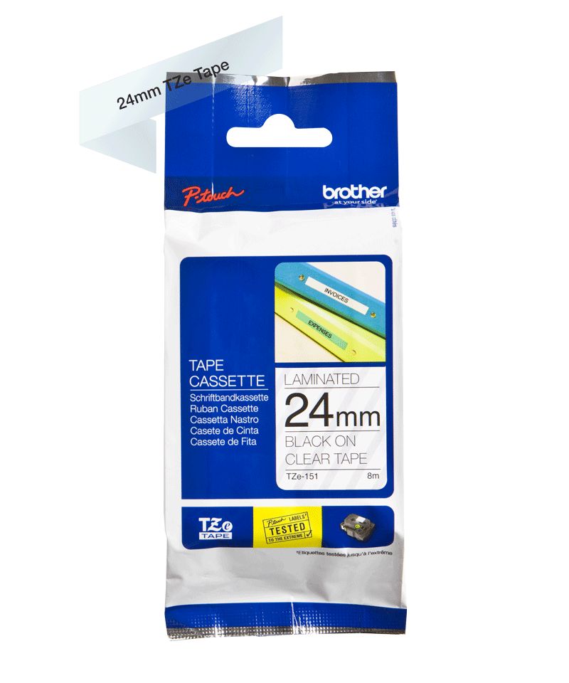 Consommables informatique cassette à ruban pour étiqueteuse BROTHER TZe-151 Noir sur Transparent 24 mm infinytech Réunion 01
