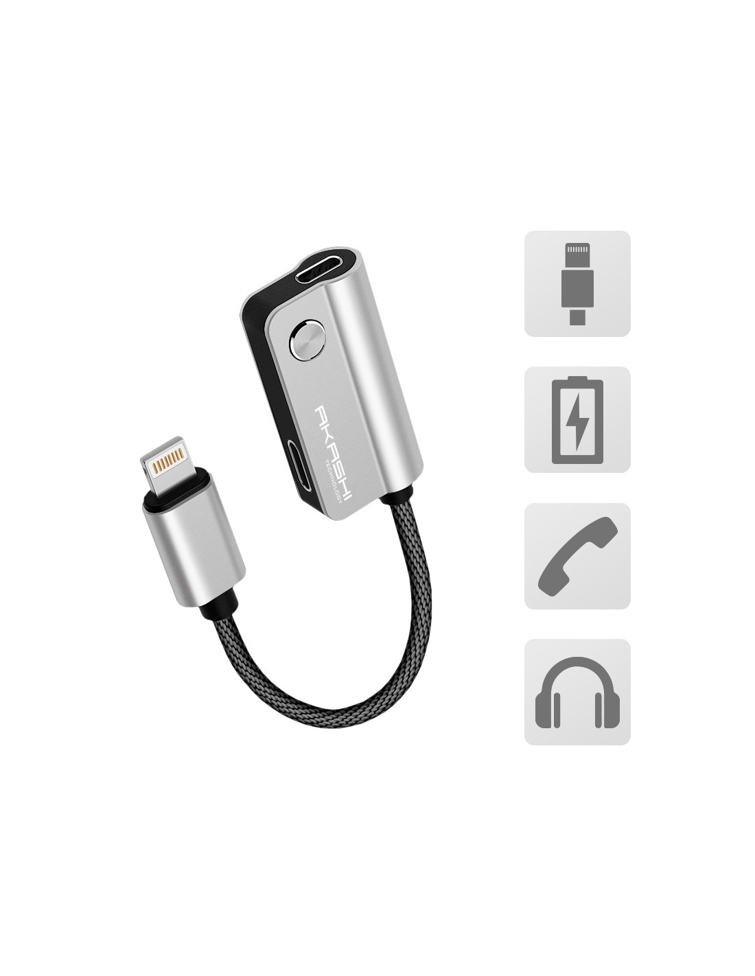Akashi Adaptateur Audio Double Lightning Audio + Charge - Câble