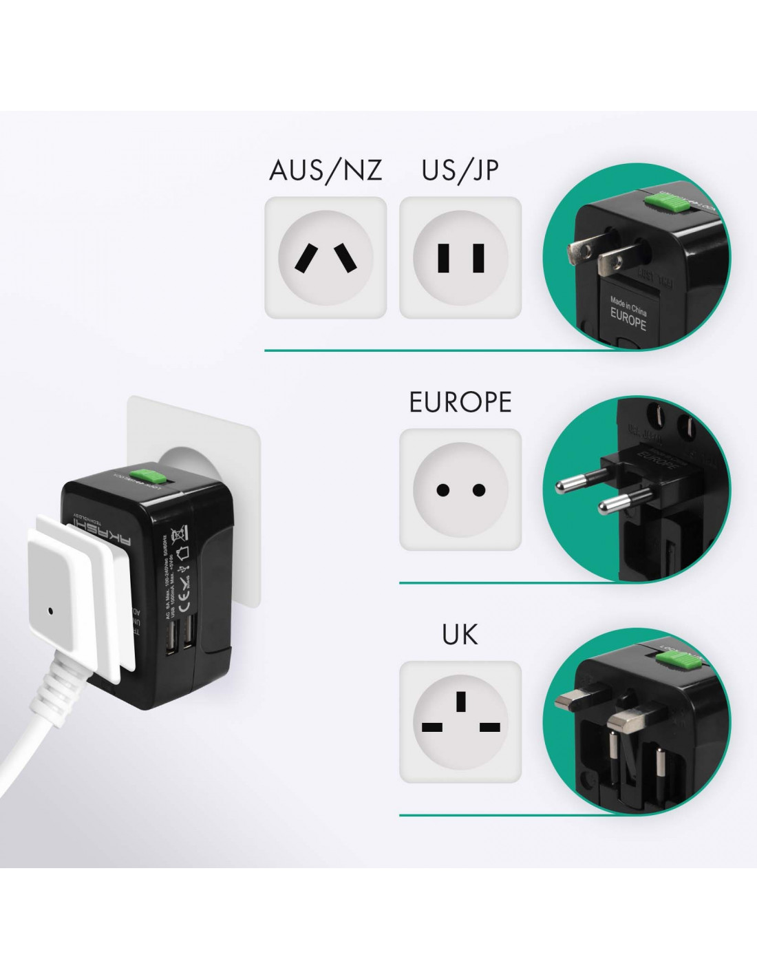 Accessoires téléphonie adaptateur universel AKASHI avec double USB Noir infinytech Réunion 03