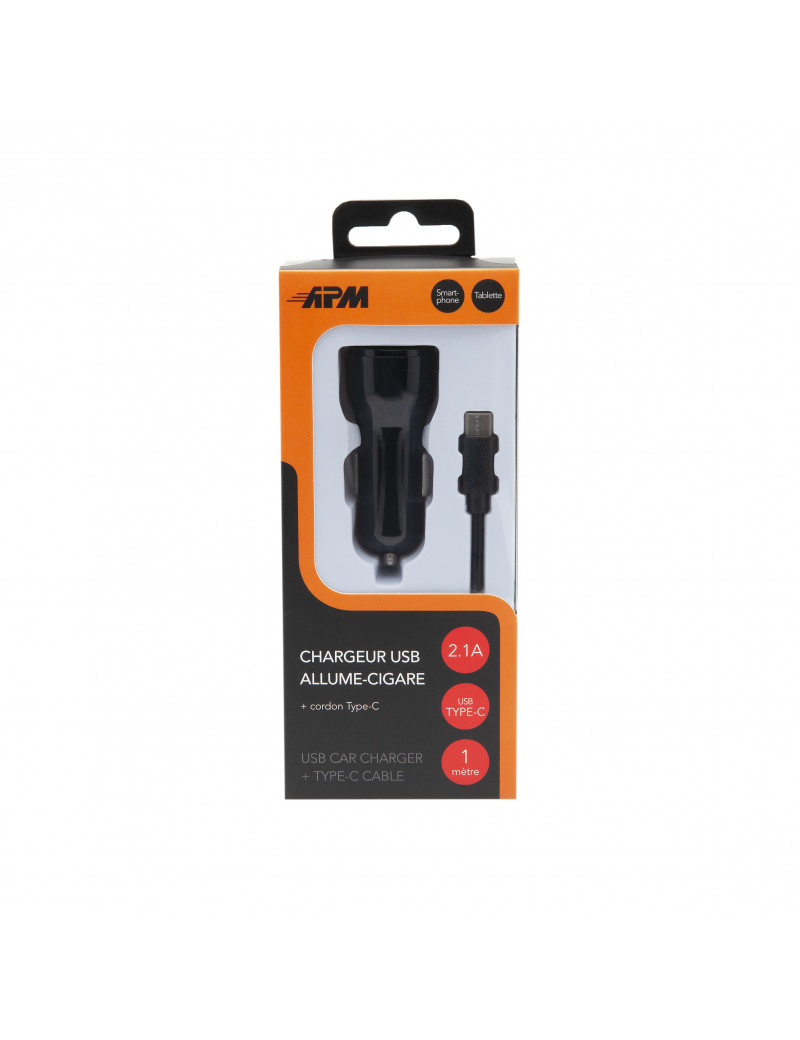 Chargeur allume-cigare APM 1 port USB 2.1A + Câble USB-C