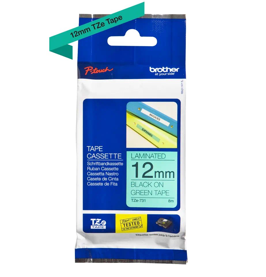 Consommables informatique cassette à ruban BROTHER TZe-731 Noir sur vert 12 mm de large infinytech Réunion 01