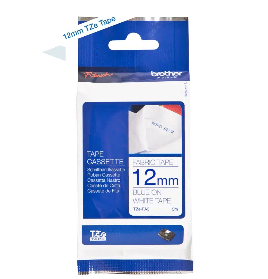 Consommables informatique cassette à ruban textile BROTHER TZe-FA3 Bleu sur Blanc 12 mm de large infinytech Réunion 01