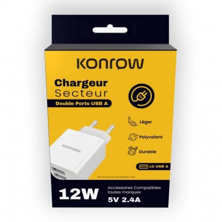 Accessoires téléphonie chargeur secteur KONROW KC12AAW 2 Ports USB A 12W Blanc infinytech Réunion 02