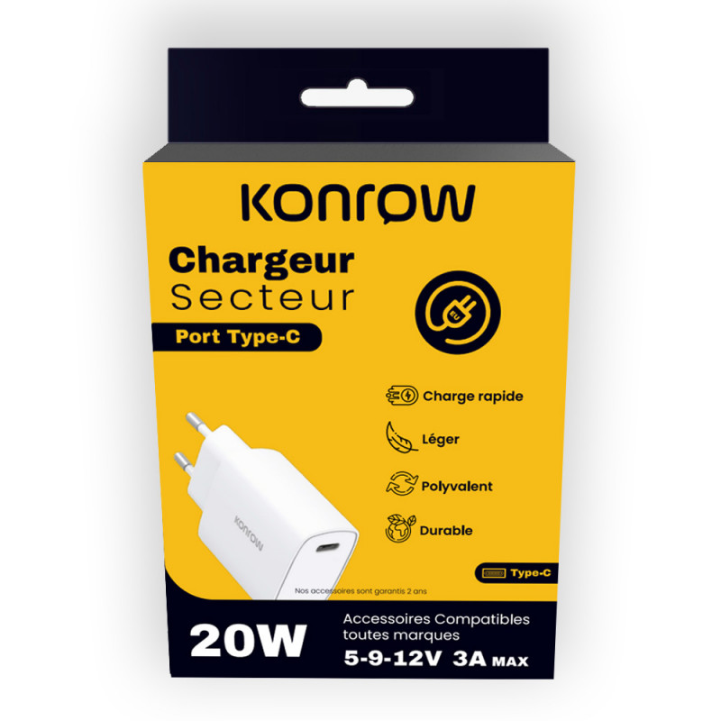 Accessoires téléphonie chargeur secteur KONROW KC20CW USB Type-C Charge rapide 20W Blanc infinytech Réunion 02