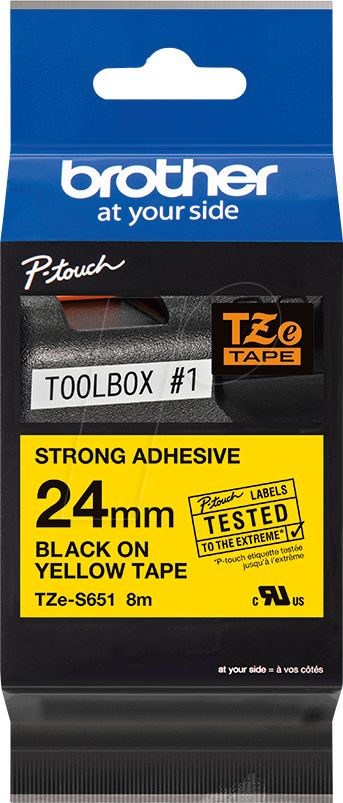 Consommables informatique cassette à ruban BROTHER TZe-S651 Noir sur jaune 24 mm de large infinytech Réunion 01