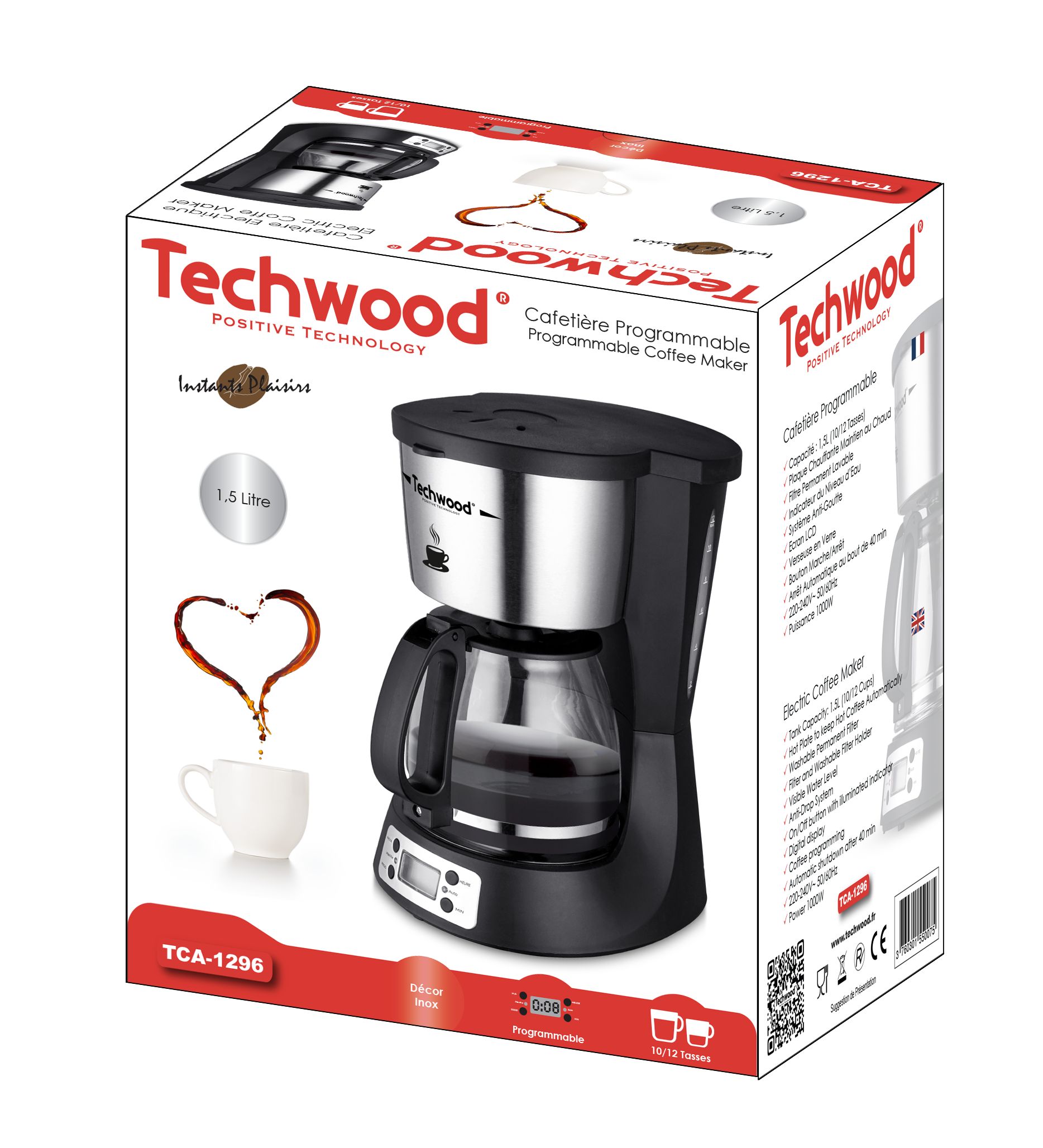 Petit électroménager cafetière en inox programmable TECHWOOD TCA-1296 infinytech Réunion 01