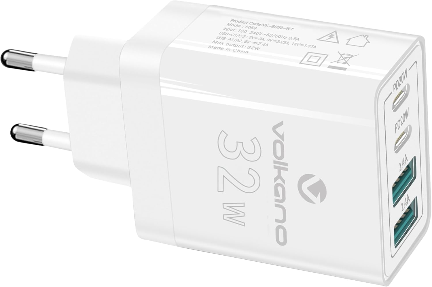 Accessoires téléphonie chargeur VOLKANO VK-8059-WT 2 USB-A 2 USB-C 32W Blanc infinytech Réunion 01
