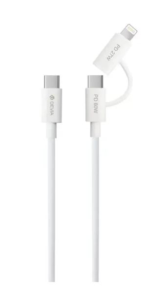 Accessoires téléphonie câble DEVIA USB-C Vers USB-C ou Lightning PD 60W et 27W 1.2m Blanc infinytech Réunion 01