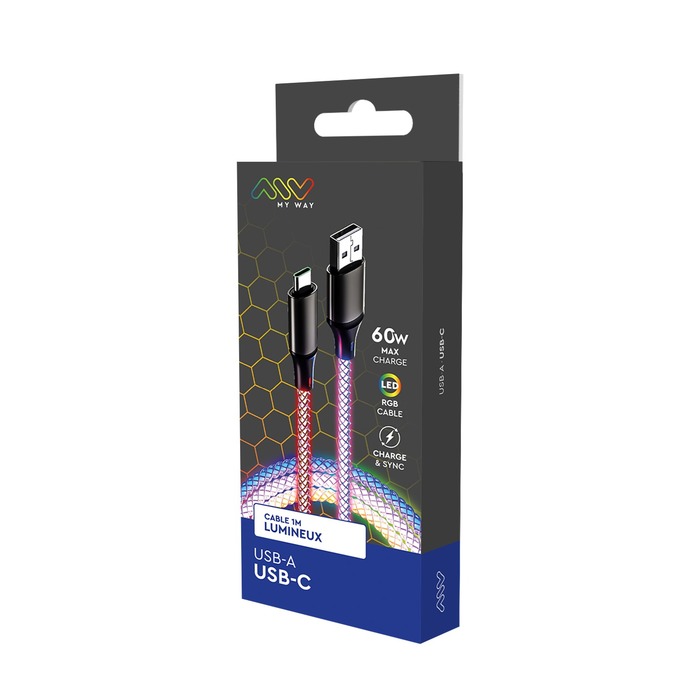 Accessoires téléphonie câble lumineux RGB MY WAY USB-A vers USB-C 1m infinytech Réunion 02