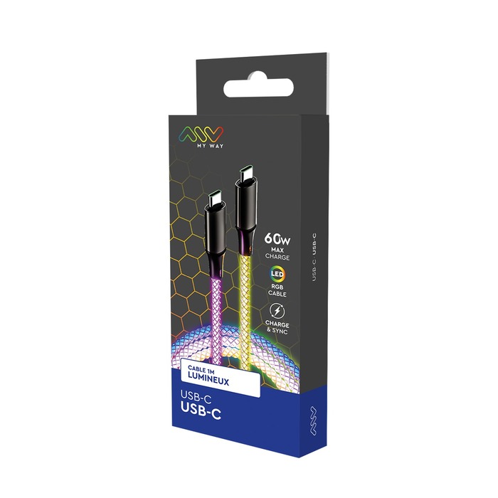 Accessoires téléphonie câble lumineux RGB MY WAY USB-C vers USB-C 1m infinytech Réunion 02