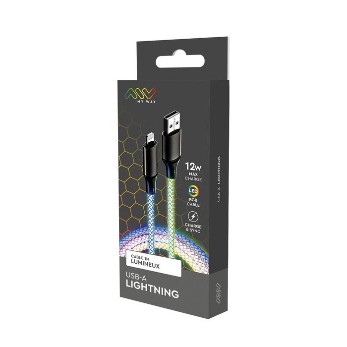 Accessoires téléphonie câble lumineux RGB MY WAY USB-A vers Lightning 1m infinytech Réunion 02