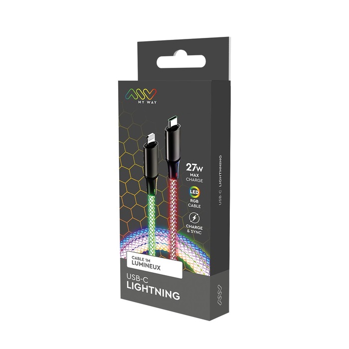 Accessoires téléphonie câble lumineux RGB MY WAY USB-C vers Lightning 1m infinytech Réunion 02