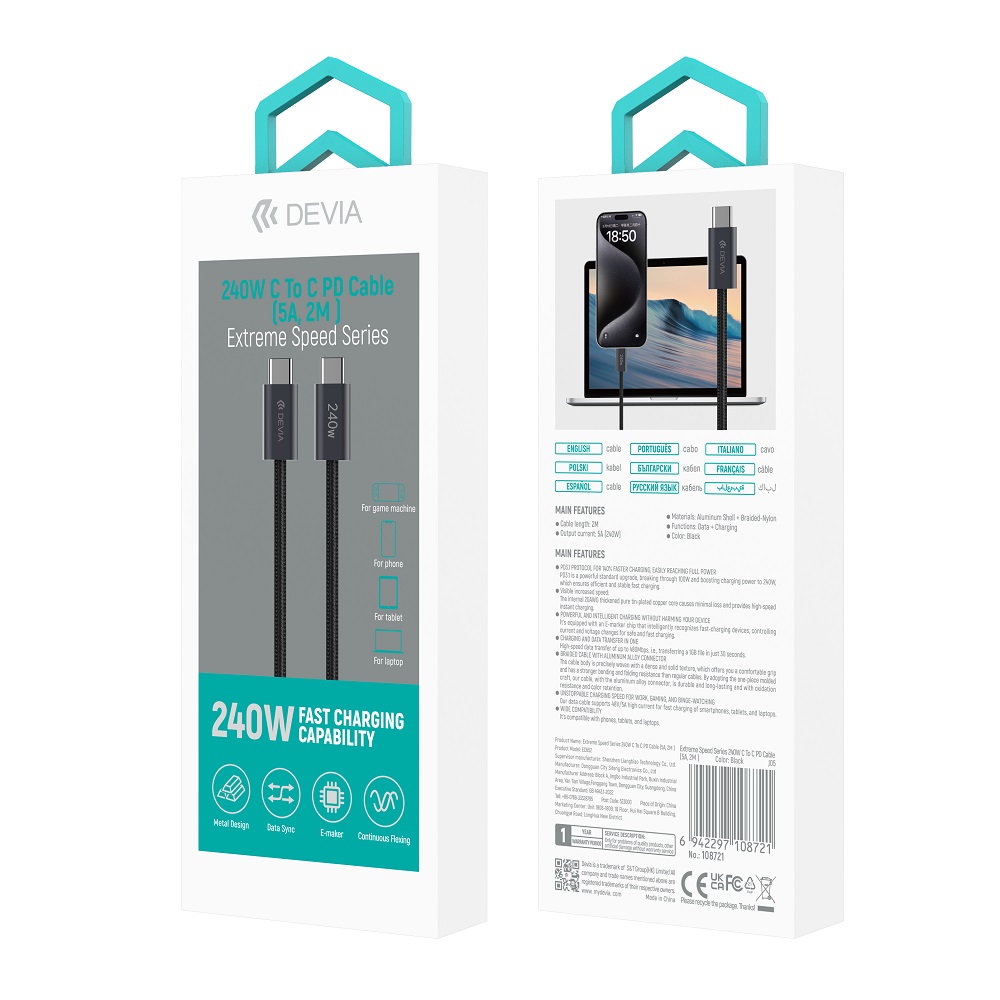 Accessoires téléphonie câble DEVIA Extreme EC652 PD 240W USB-C 2m Noir infinytech Réunion 02