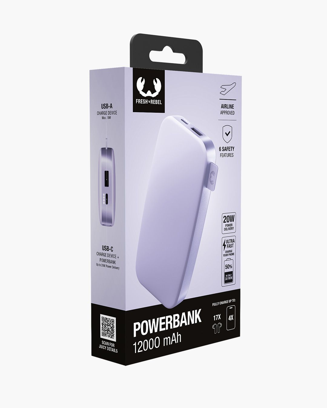Accessoires téléphonie powerbank FRESH n REBEL 12000 mAh Lilas infinytech Réunion 05