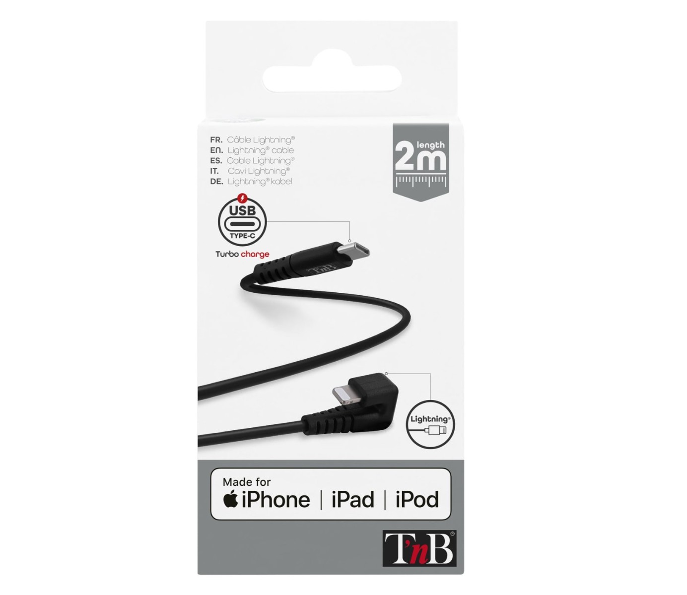 Matériels informatique câble TNB CBLTCG2BK USB-C Mâle vers Lightning Coudé Noir infinytech Réunion 05