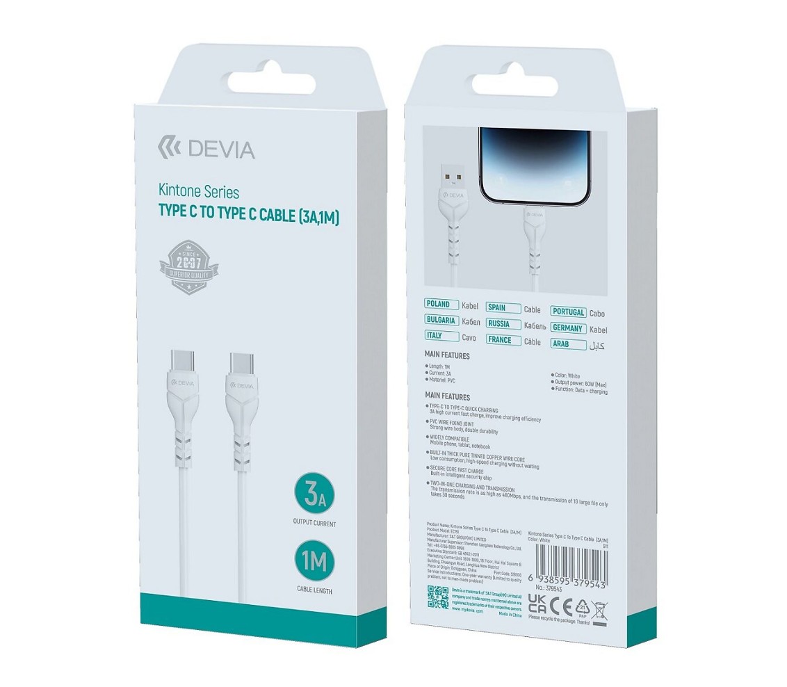 DEVIA Kintone Series USB-C Mâle Mâle 3A 1m Blanc infinytech Réunion 02