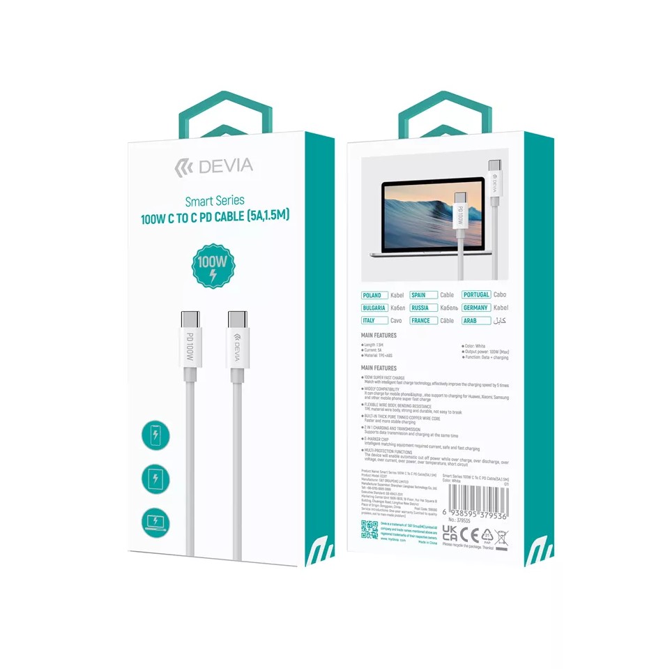 DEVIA Câble USB-C Mâle Mâle PD 100W 5A 1.5m Blanc infinytech Réunion 02