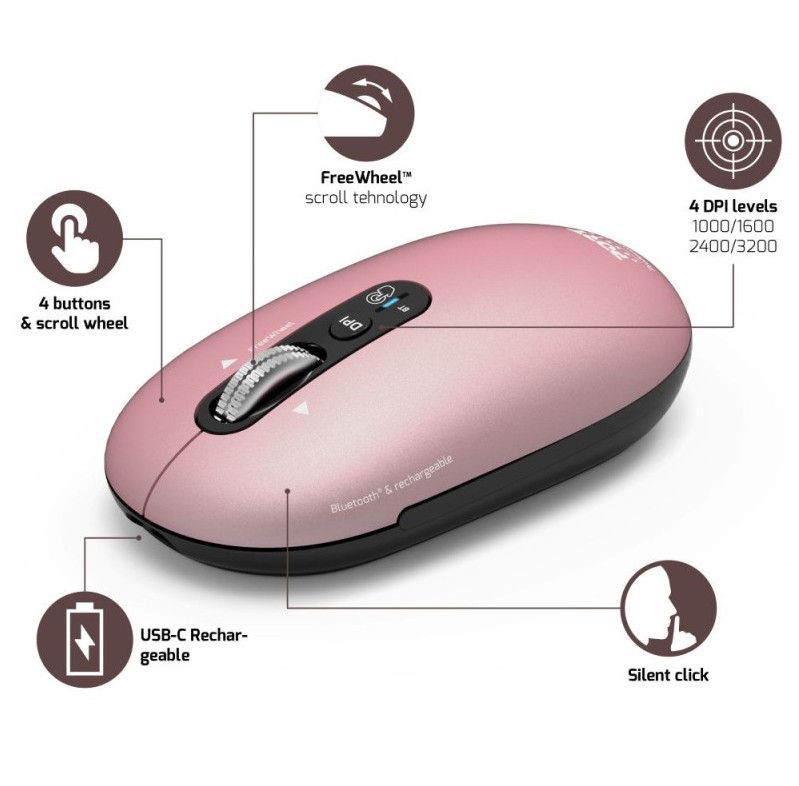 Souris PORT DESIGNS sans fil et Bluetooth rechargeable PURE MAC Rose infinytech Réunion 02
