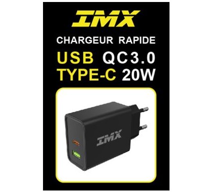IMX Chargeur USB-A et USB-C 20W QC3.0 Noir infinytech Réunion 01