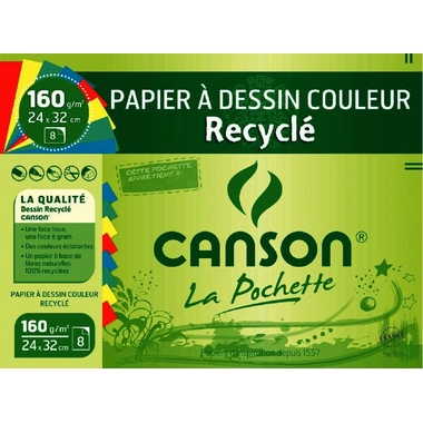 Fournitures bureautique pochette 8 feuilles de papier recyclé couleurs vives CANSON 160g format 24x32cm infinytech Réunion 1