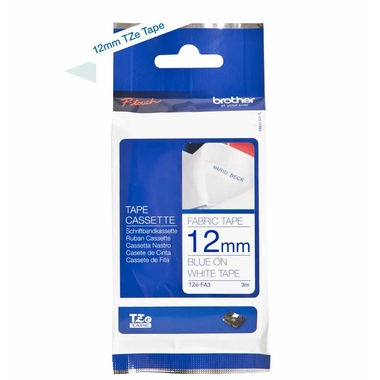 Consommables informatique cassette à ruban textile BROTHER TZe-FA3 Bleu sur Blanc 12 mm de large infinytech Réunion 01