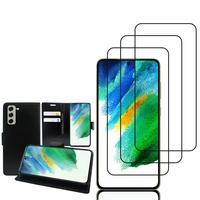 Samsung Galaxy S21 FE 5G 6.4": Etui Coque Housse Pochette Accessoires portefeuille support video cuir PU - NOIR + 3 Films de protection d'écran Verre Trempé - NOIR