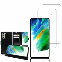 Samsung Galaxy S21 FE 5G 6.4": Etui Coque Housse Pochette Accessoires portefeuille support video cuir PU - NOIR + 3 Films de protection d'écran Verre Trempé