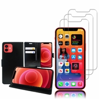 Apple iPhone 12 mini 5.4": Etui Coque Housse Pochette Accessoires portefeuille support video cuir PU - NOIR + 3 Films de protection d'écran Verre Trempé