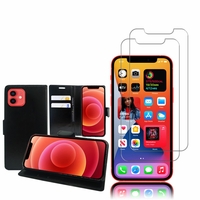 Apple iPhone 12 mini 5.4": Etui Coque Housse Pochette Accessoires portefeuille support video cuir PU - NOIR + 2 Films de protection d'écran Verre Trempé