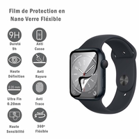 Apple Watch Series 7/ Series 8 45mm 1.9" A2478 A2477 A2775 A2774 A2858 [Les Dimensions EXACTES du Smartwatch: 45 x 38 x 10.7 mm]: 1 Film Protection d'écran en Verre Nano Fléxible, Dureté 9H Inrayable Incassable Invisible Ultra Résistant