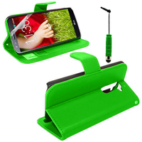 LG G2 D802/ D803/ VS980: Accessoire Etui portefeuille Livre Housse Coque Pochette support vidéo cuir PU + mini Stylet - VERT