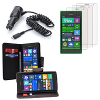 Nokia Lumia 735/ 730 Dual Sim: Lot Coque Etui Housse Pochette Accessoires portefeuille support video cuir PU effet tissu + 3 films d'écran + 1 chargeur voiture - NOIR