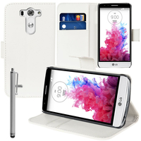 LG G3 S/ G3 Beat/ G3 Vigor/ LG D722/ G3 S Dual/ G3 Beat Dual (LG G3 Mini): Accessoire Etui portefeuille Livre Housse Coque Pochette support vidéo cuir PU + Stylet - BLANC
