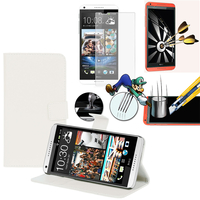 HTC Desire 816/ 816G Dual Sim: Etui Coque Housse Pochette Accessoires portefeuille support video cuir PU + 1 Film de protection d'écran Verre Trempé - BLANC