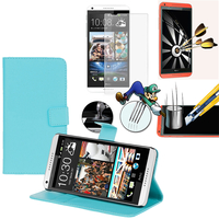 HTC Desire 816/ 816G Dual Sim: Etui Coque Housse Pochette Accessoires portefeuille support video cuir PU + 1 Film de protection d'écran Verre Trempé - BLEU