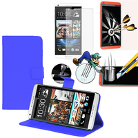 HTC Desire 816/ 816G Dual Sim: Etui Coque Housse Pochette Accessoires portefeuille support video cuir PU + 1 Film de protection d'écran Verre Trempé - BLEU FONCE