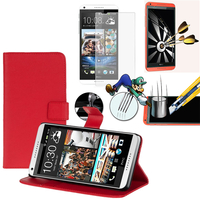 HTC Desire 816/ 816G Dual Sim: Etui Coque Housse Pochette Accessoires portefeuille support video cuir PU + 1 Film de protection d'écran Verre Trempé - ROUGE