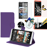 HTC Desire 816/ 816G Dual Sim: Etui Coque Housse Pochette Accessoires portefeuille support video cuir PU + 1 Film de protection d'écran Verre Trempé - VIOLET