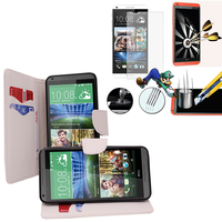 HTC Desire 816/ 816G Dual Sim: Etui Coque Housse Pochette Accessoires portefeuille support video cuir PU effet tissu + 1 Film de protection d'écran Verre Trempé - BLANC