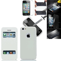 Apple iPhone 5/ 5S/ SE: Coque Etui Housse Pochette Plastique View Case + 1 Film de protection d'écran Verre Trempé - BLANC